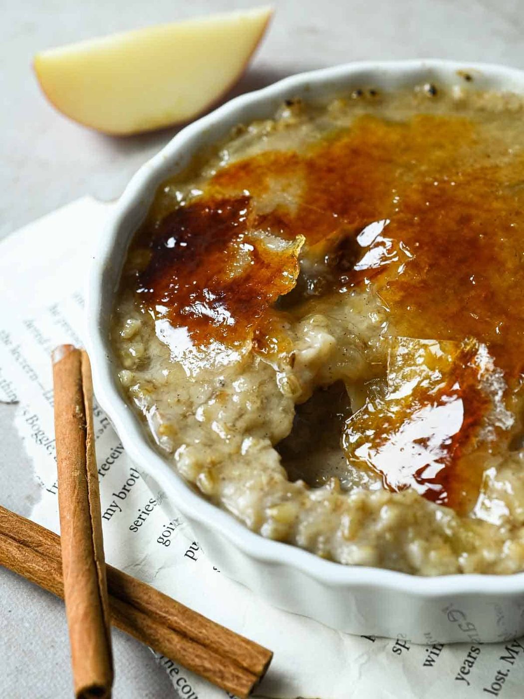 Apple pie oatmeal brulee cracked on the top.