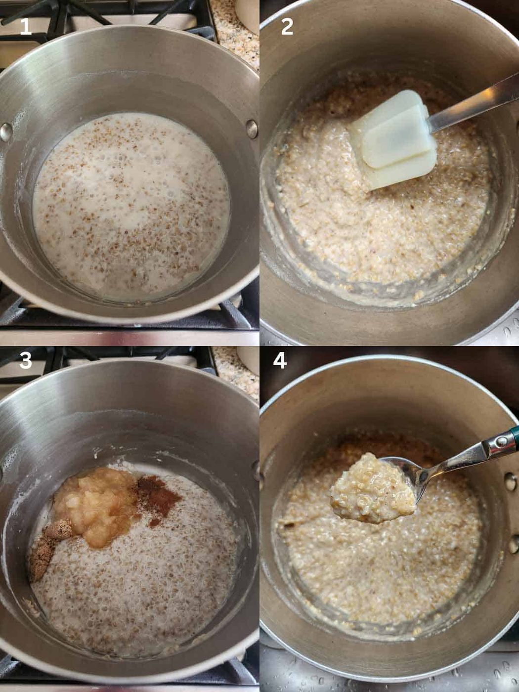 Four-part instructions showing how to make stove-top oatmeal in a pot.
