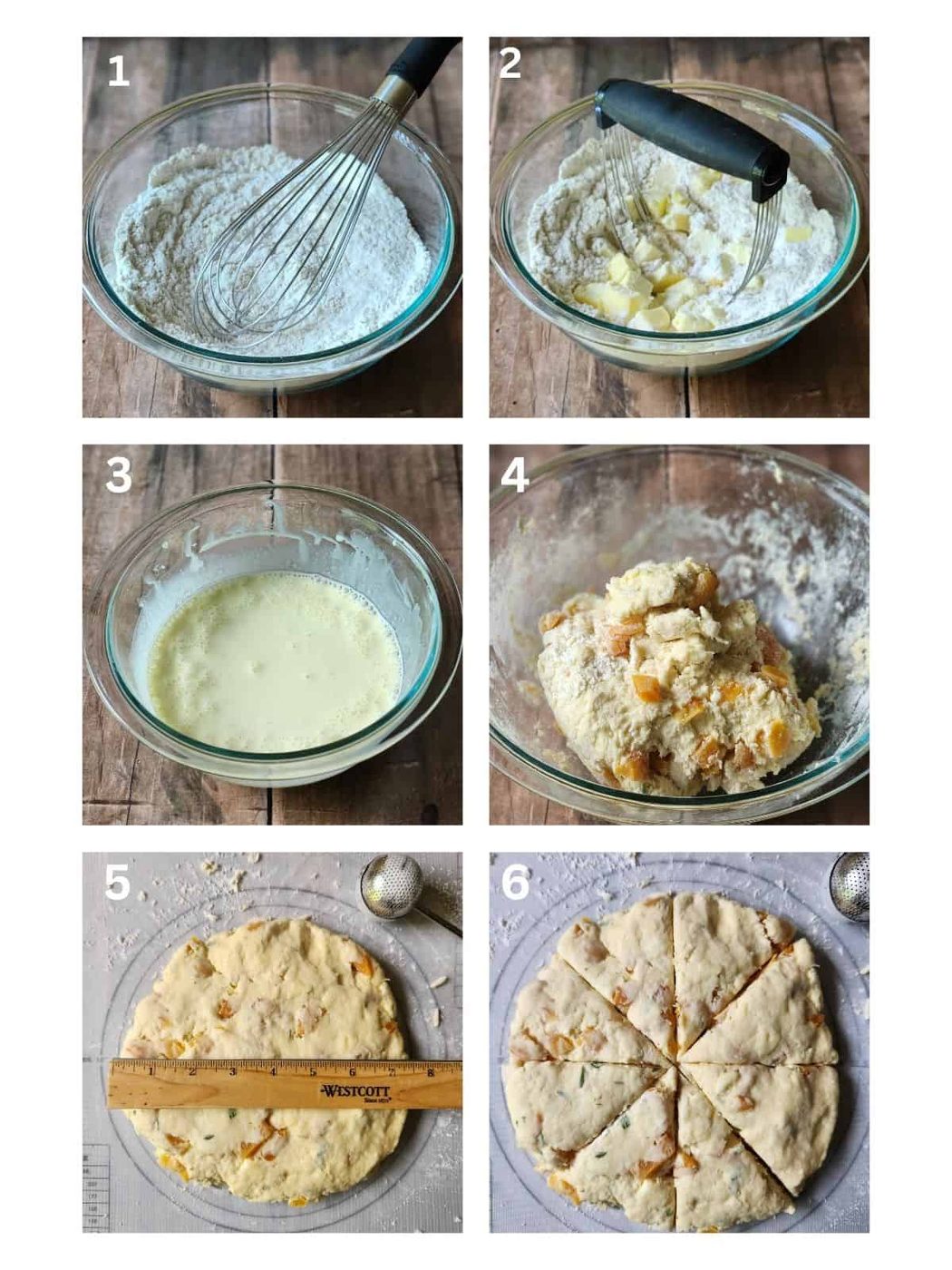 A collage of 6 pictures showing the steps for making scone dough.