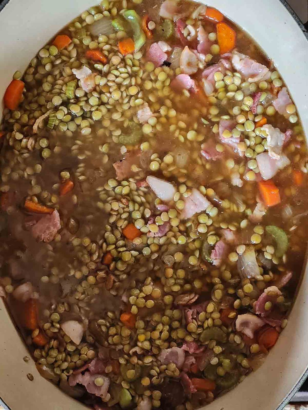 Overview of lentil soup in a pot with broth.