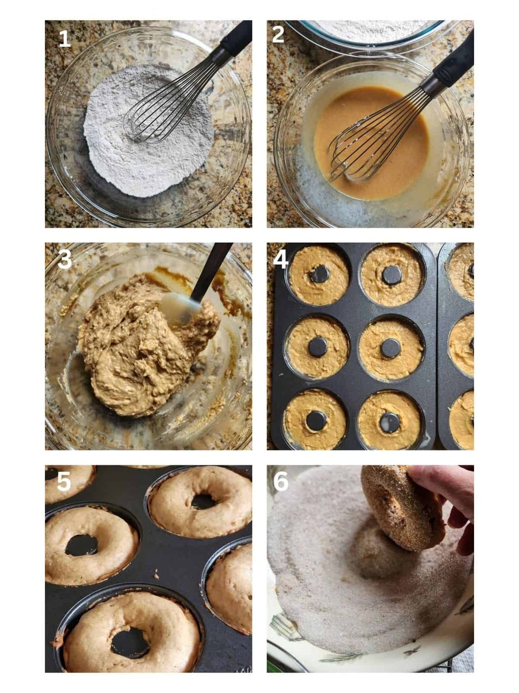 A six picture collage showing how to mix donut batter and place in a pan.