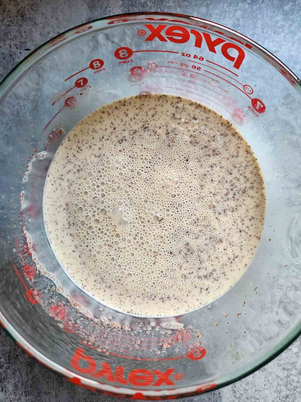 French toast batter in a Pyrex bowl.