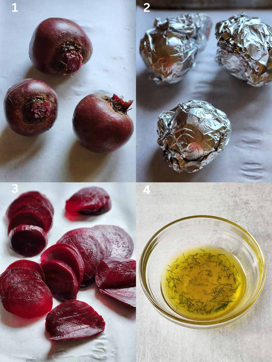 Collage of four pictures for making beet toast.