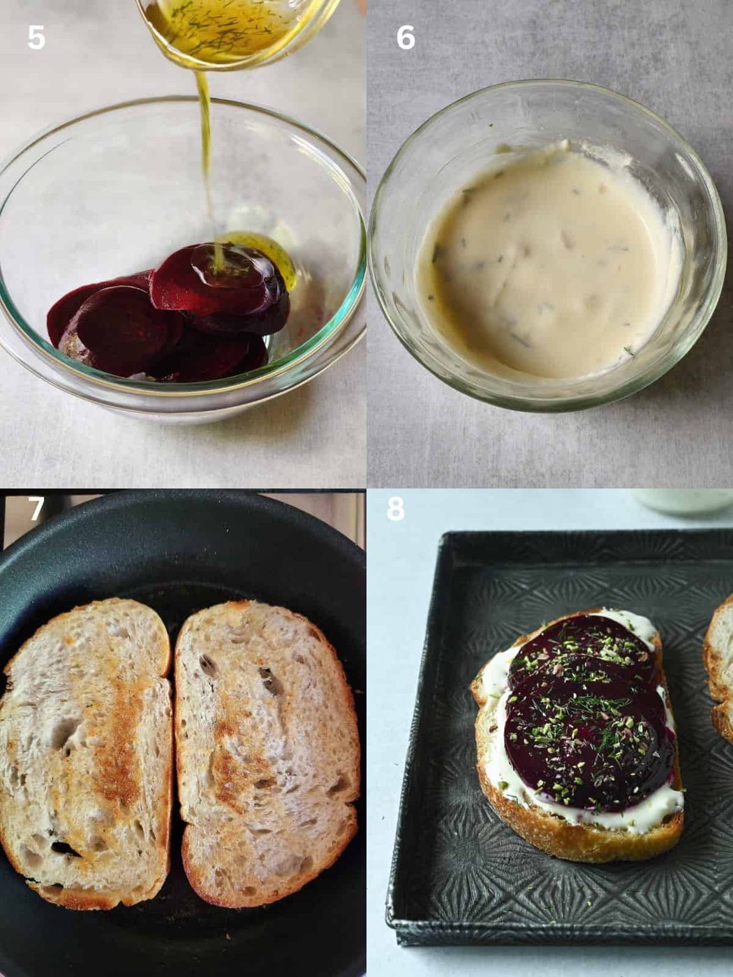 A collage of 4 steps for making beet toast.