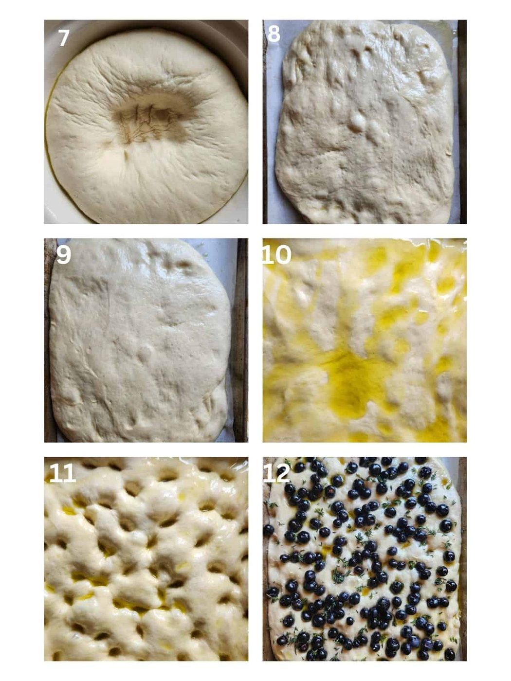 A collage of 6 images showing how to make focaccia.