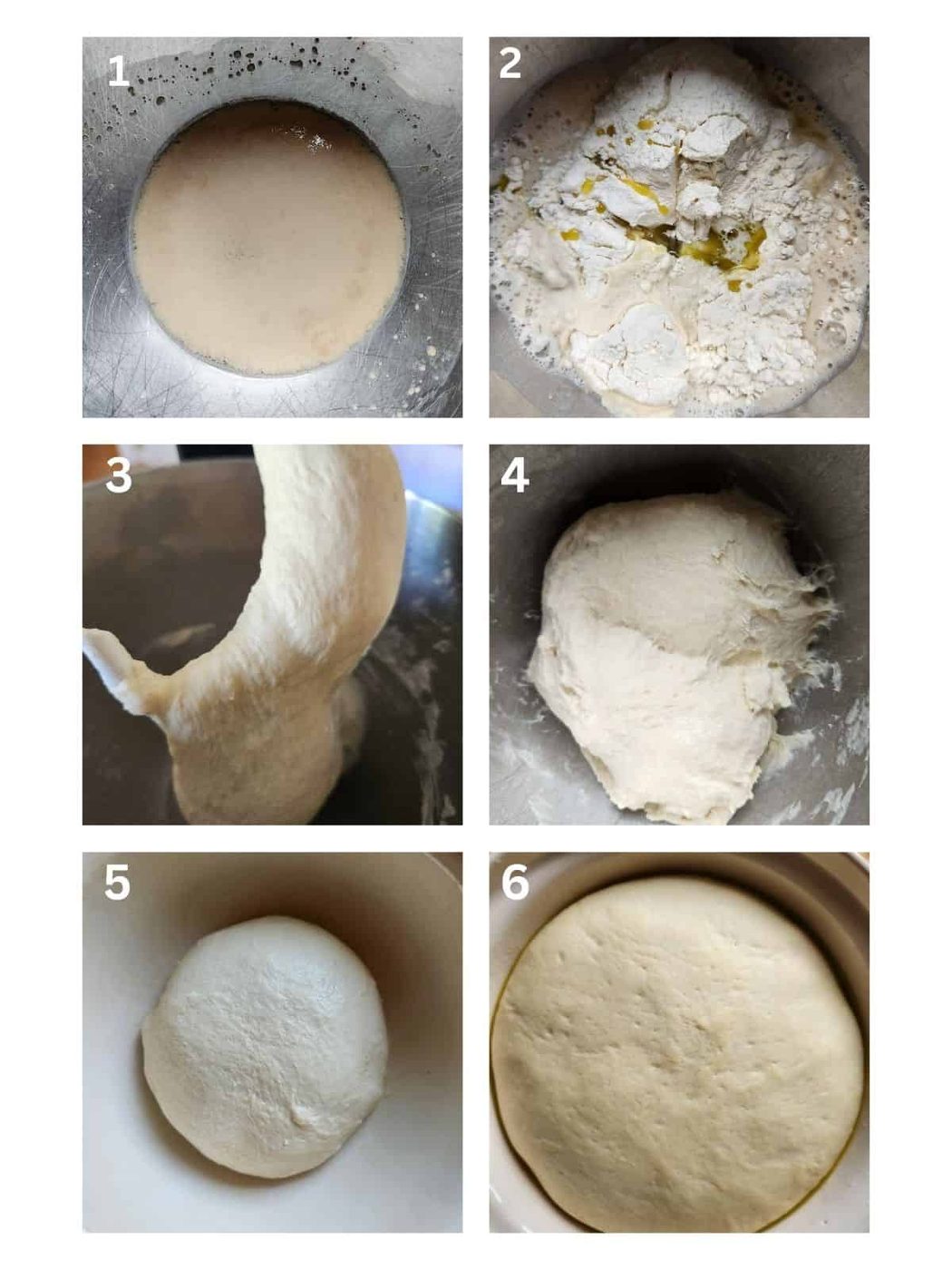 A collage of six images to make focaccia dough.
