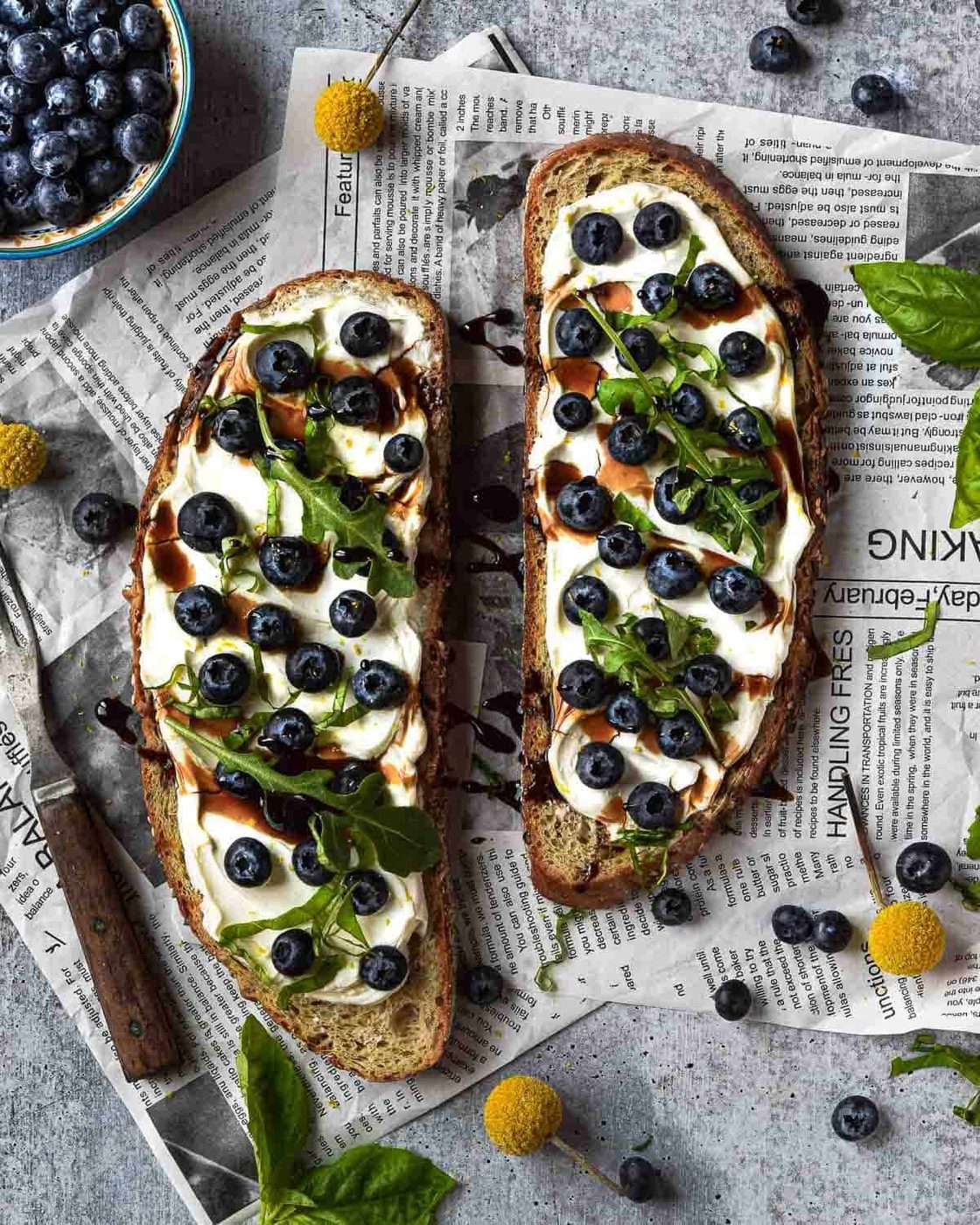 Overhead picture of Blueberry Toast on newspaper
