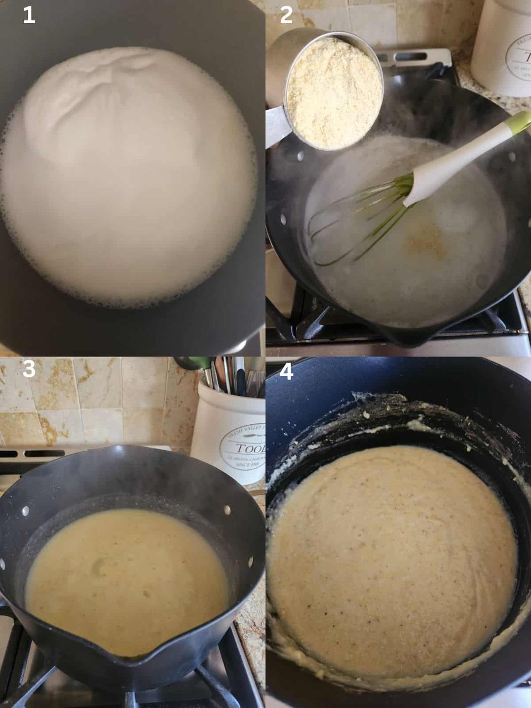 A collage of 4 images showing how to stir polenta in a large black pot.