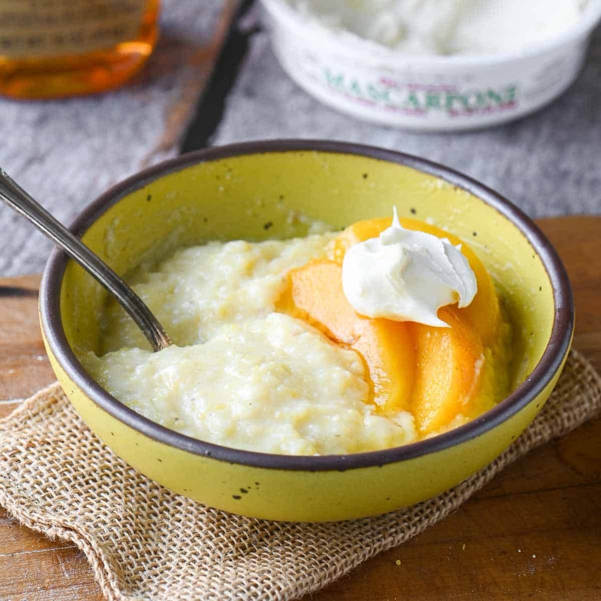 Breakfast Polenta Porridge, plus Mascarpone and Peaches