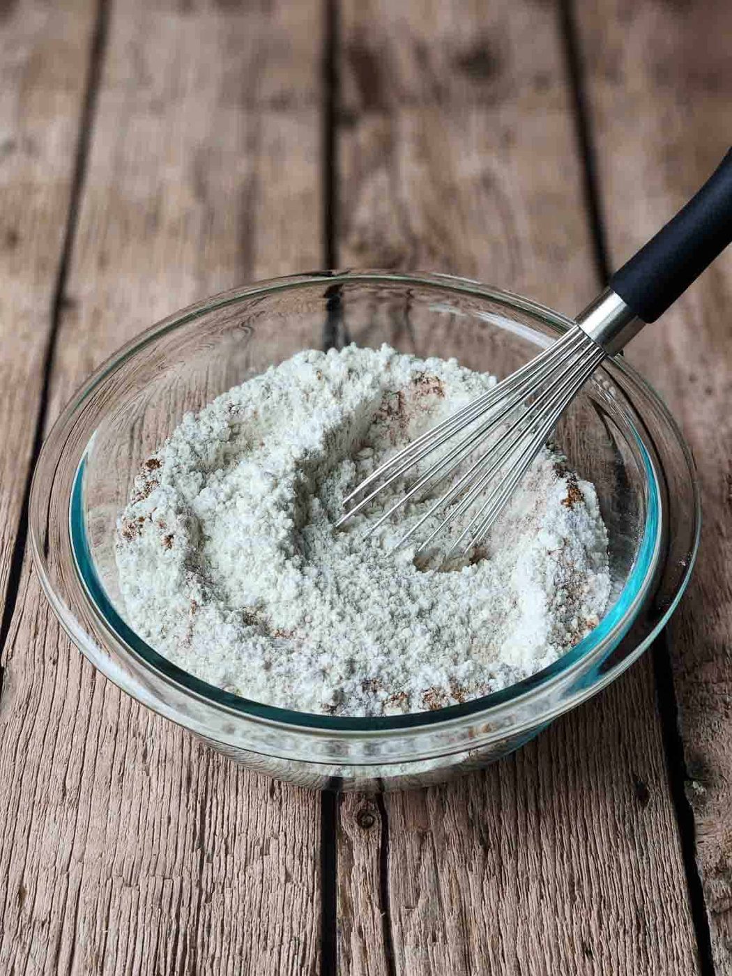 Dry ingredients in a clear bowl.