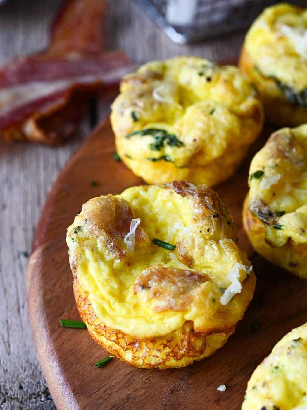 Close-up on a buttermilk bacon egg bite.