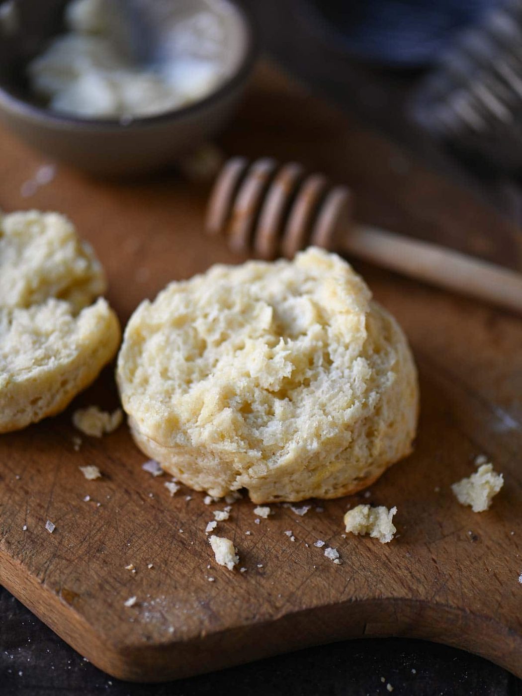 Close-up showing a cut biscuit showing it's fluffy texture.