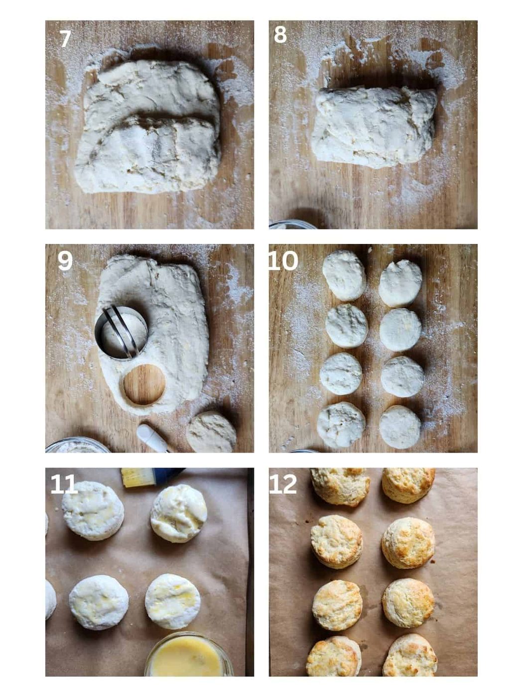 A six picture collage showing how roll and cut biscuits.