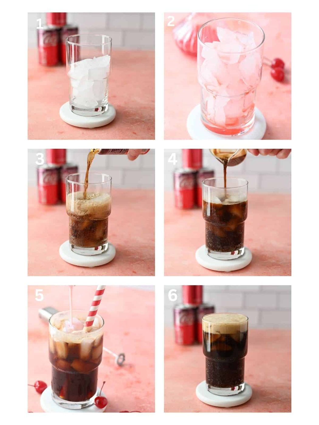 A collage of 6 pictures showing how to make a cherry americola drink in a clear glass with ice.