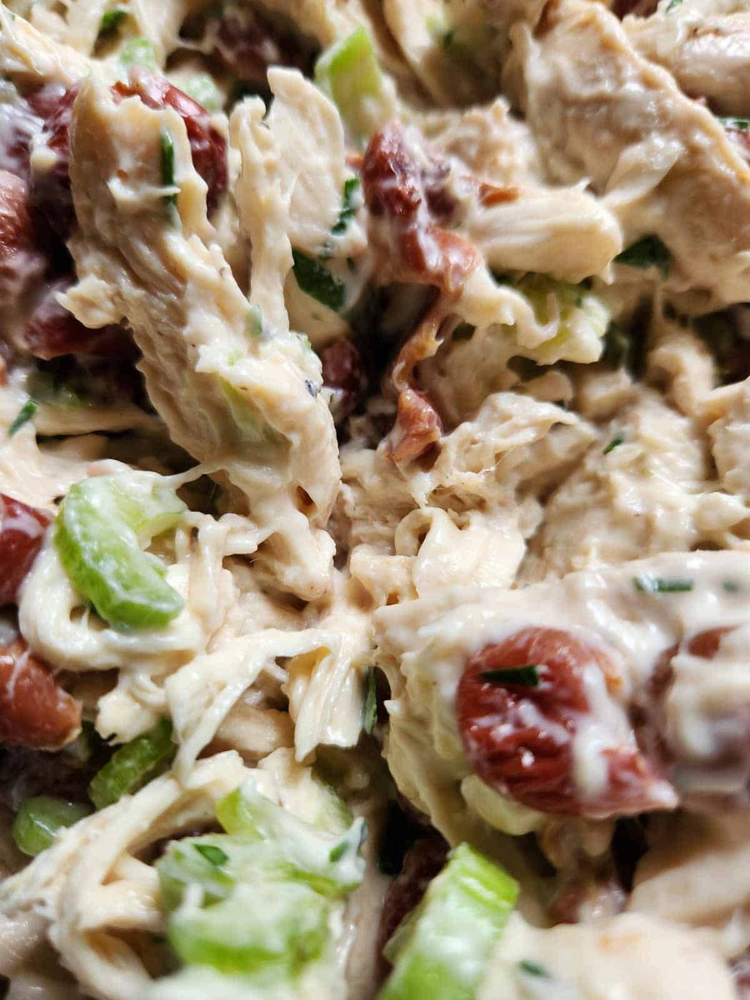 Close-up pf chicken salad with grapes.