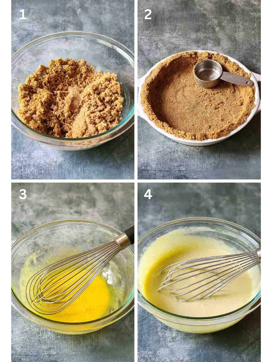 A grid of 4 photos showing how to make key lime pie.