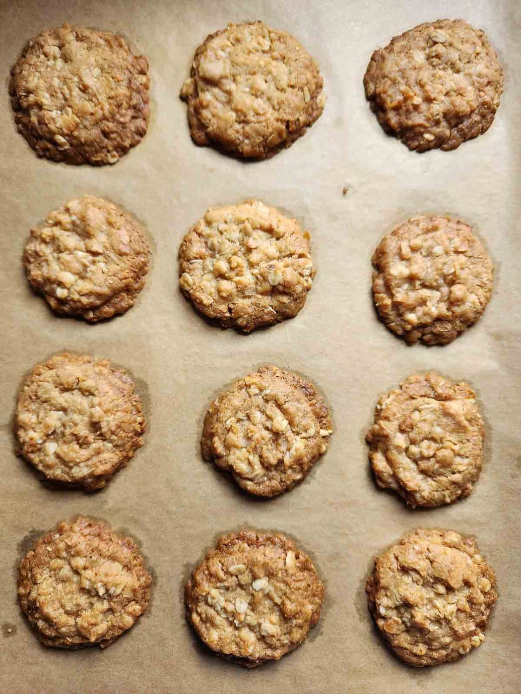 Overhead of cooked coconut oatmeal cookies on a baking sheet.