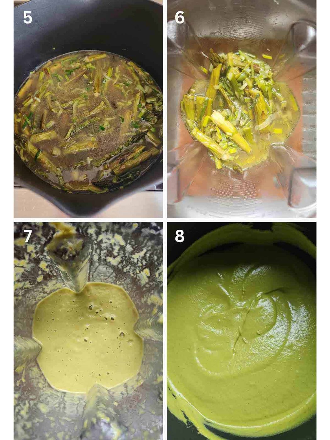 A collage of 4 steps to make asparagus leek soup.