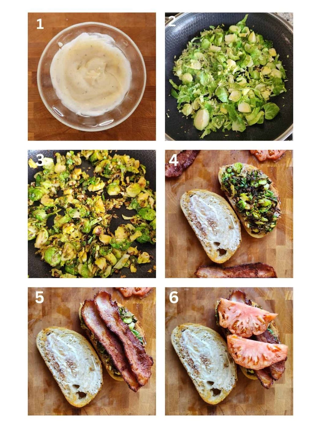 A collage of six images showing how to make a brussel sprout BLT.
