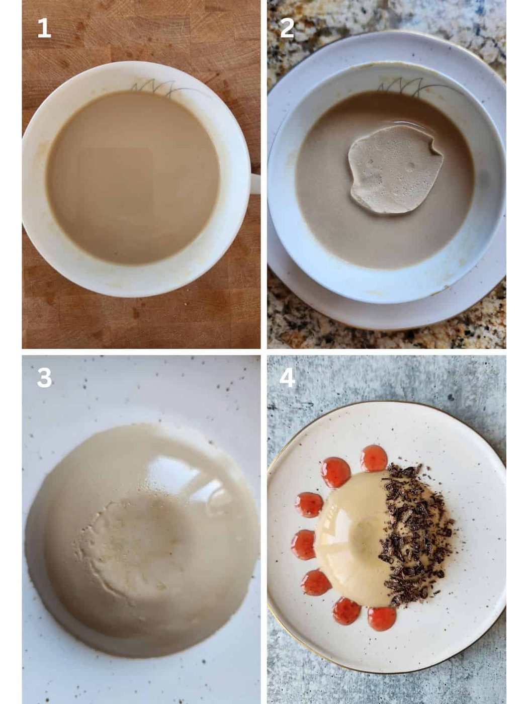 A collage of 4 pictures showing how to unmold a coffee panna cotta onto a white plate.