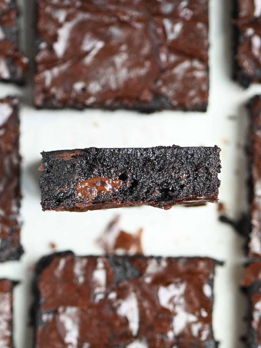 A close up of a square of brownies.