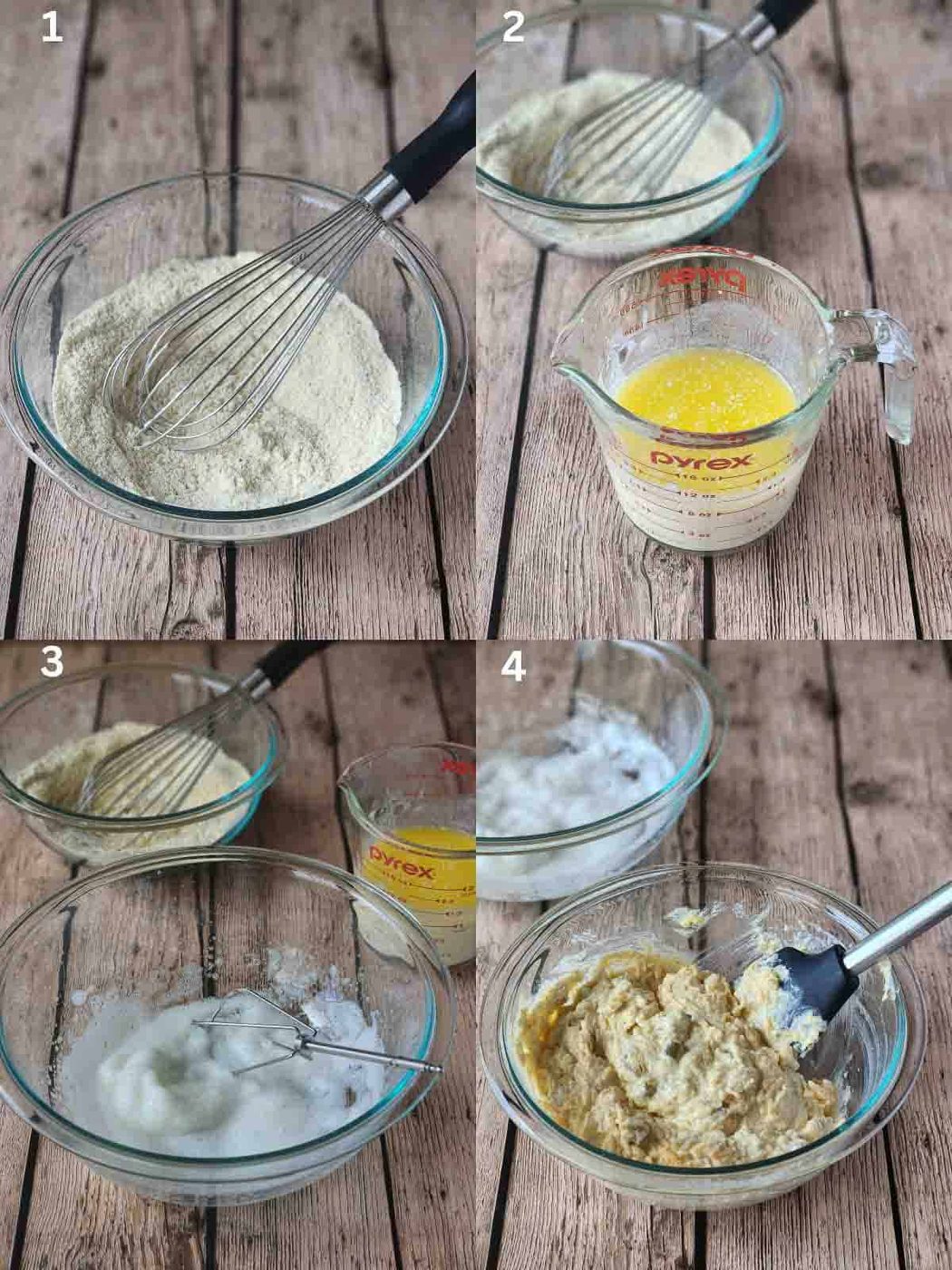 A collage of four steps for mixing waffle batter.