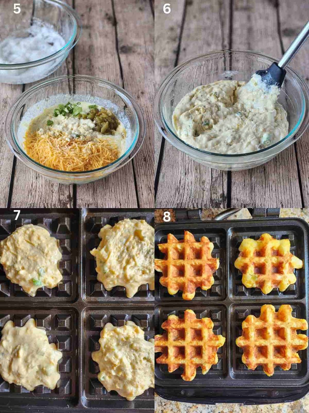 A collage of four steps for making savory waffles.