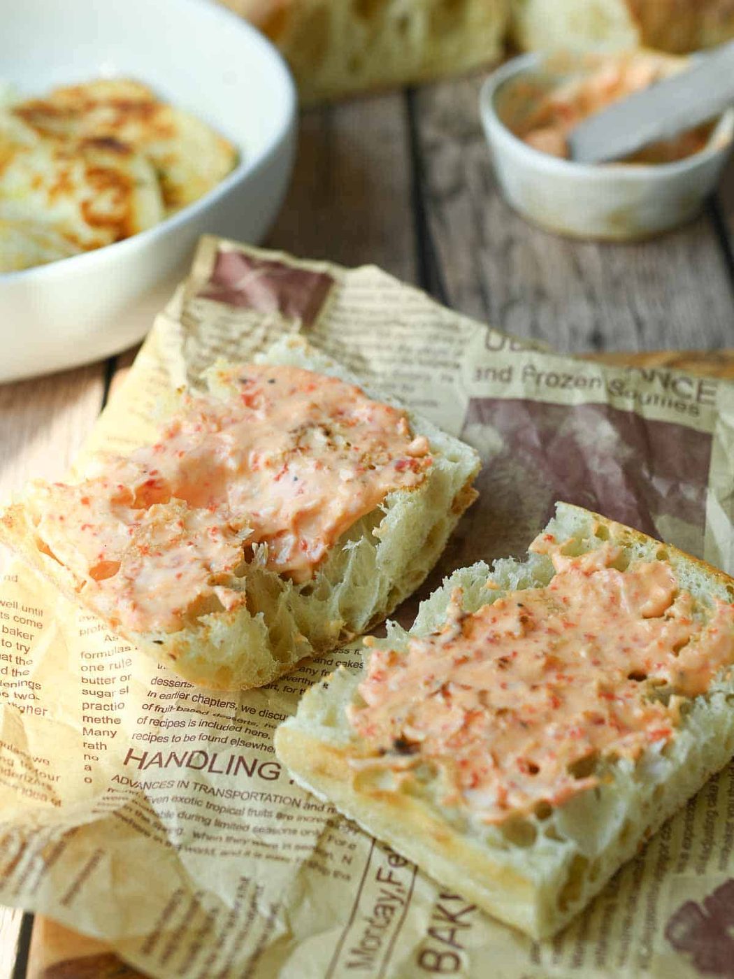 Red pepper aioli on ciabatta bread.