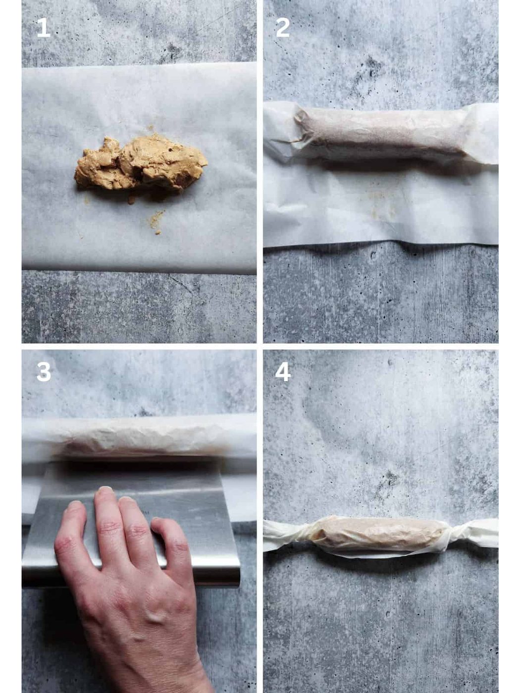 A collage of 4 images showing how to roll compound butter on a grey board.