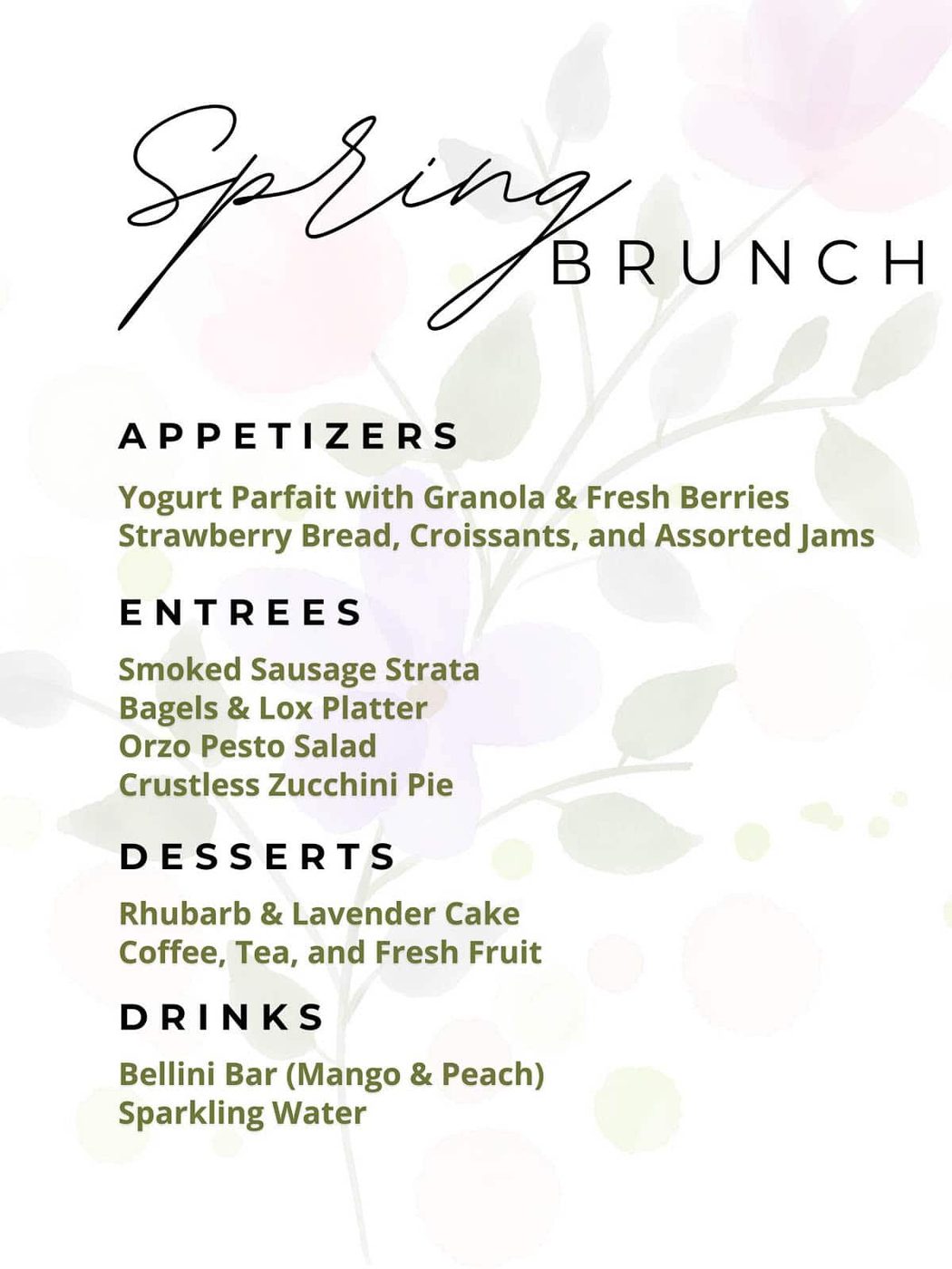 Sample spring or summer brunch menu on a white floral background.
