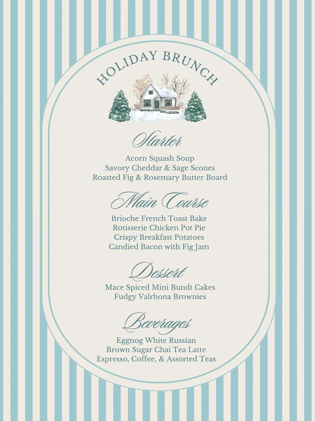 Sample holiday brunch menu with blue and white stripes.