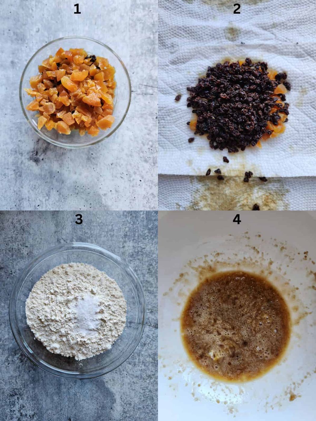 Collage of 4 pictures showing preparation steps for preparing Irish soda bread batter.