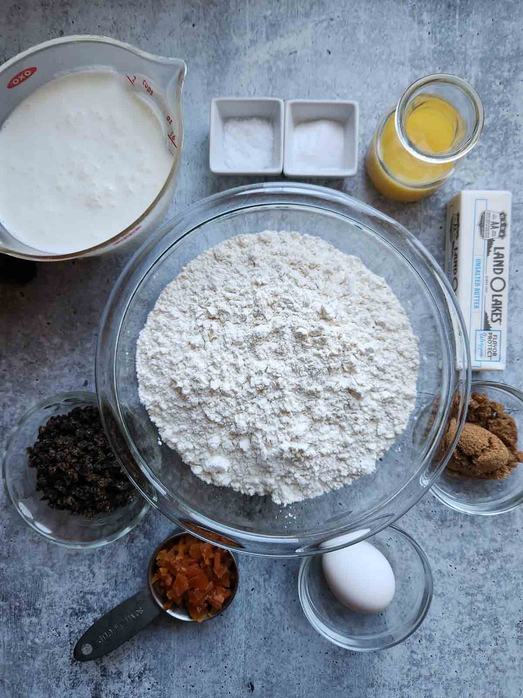 Overhead view of the ingredients for Irish soda bread.