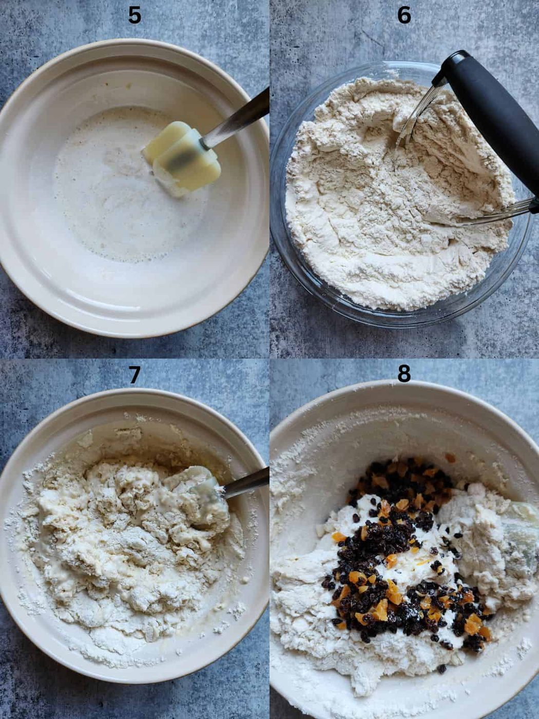 Collage of 4 pictures showing preparation steps for preparing Irish soda bread batter.