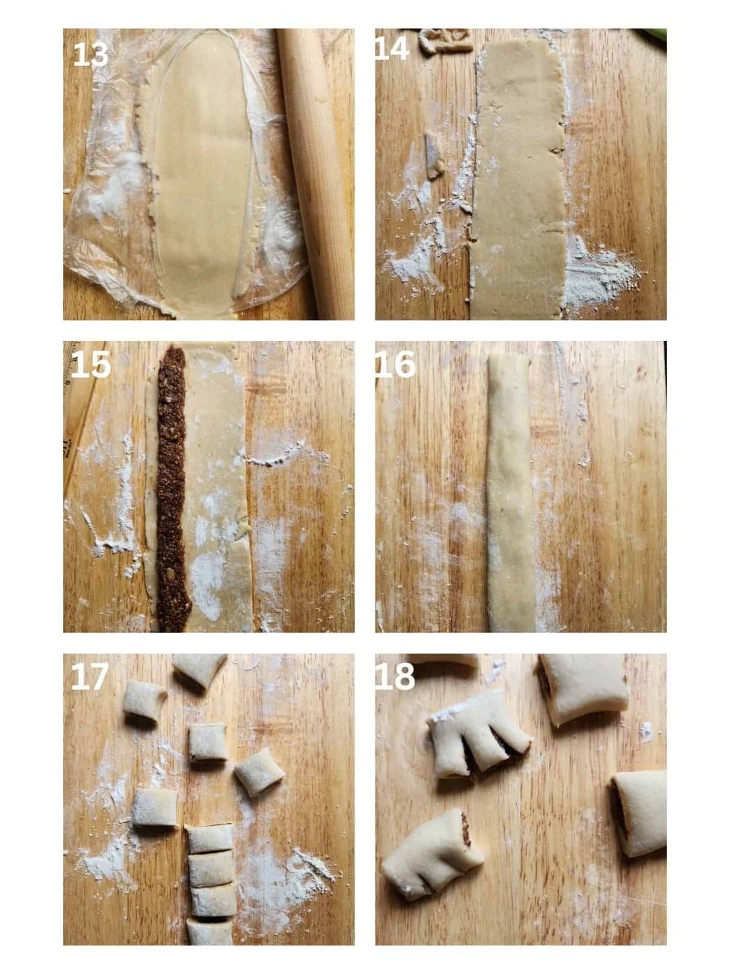 A collage of 4 pictures showing how to roll dough for cuccidati.