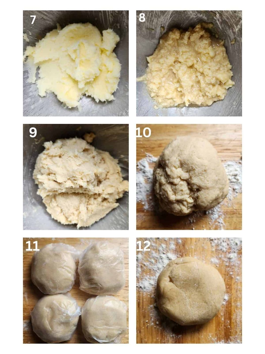 A collage of six pictures showing how to make cuccidati dough.