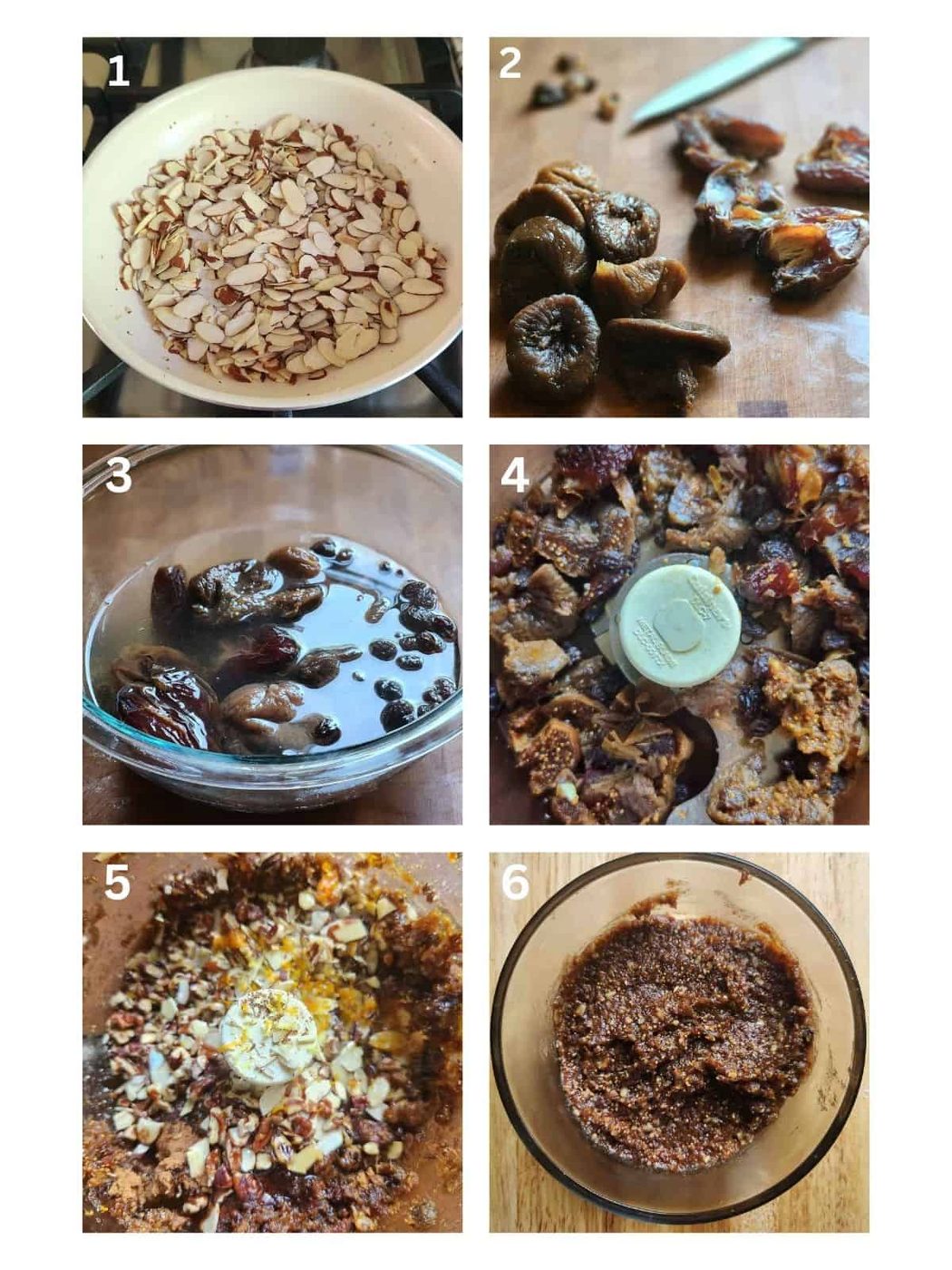A collage of 6 pictures showing how to make fig filling for cookies.