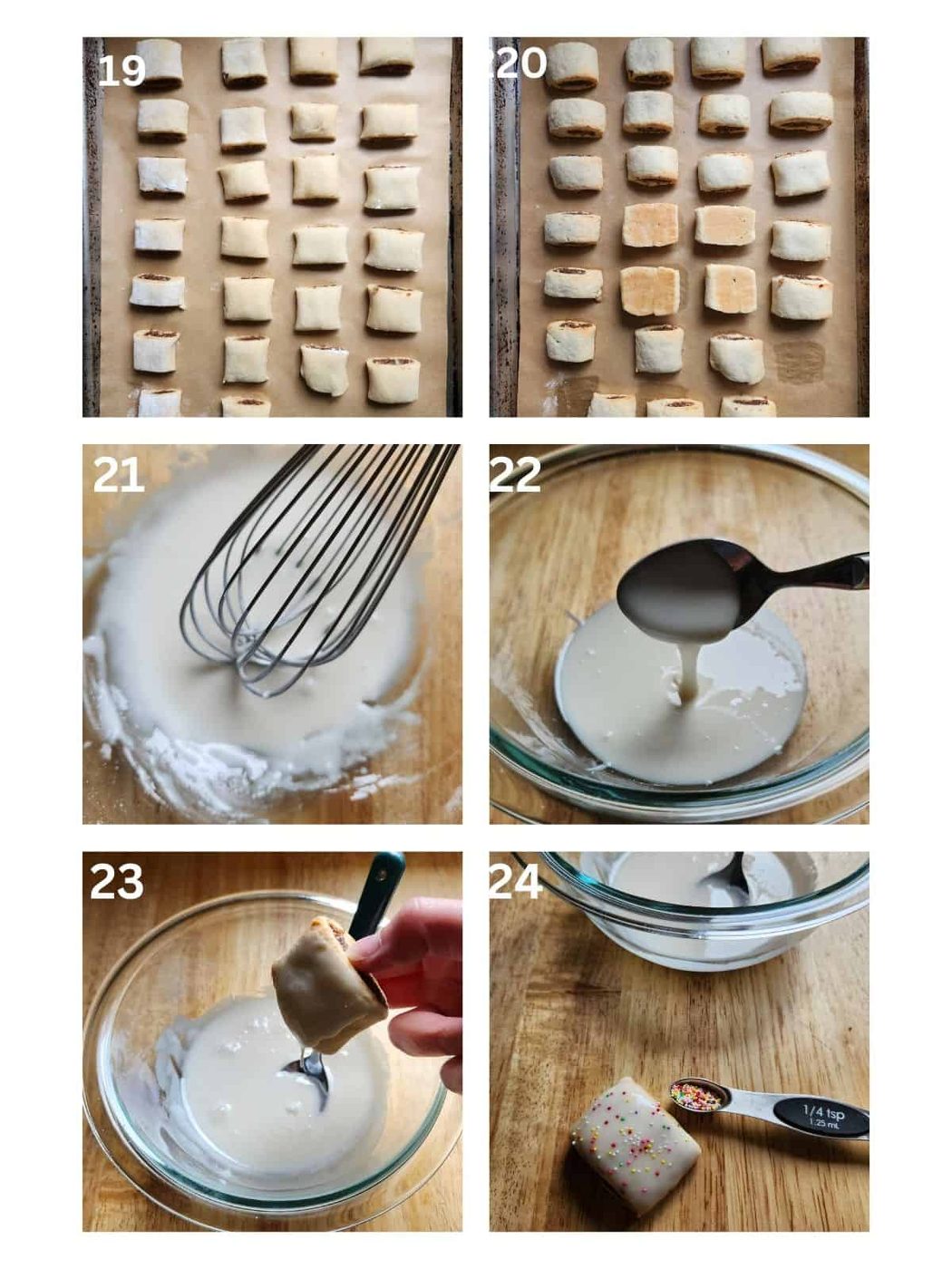 A collage of 4 images showing how to ice cookies.