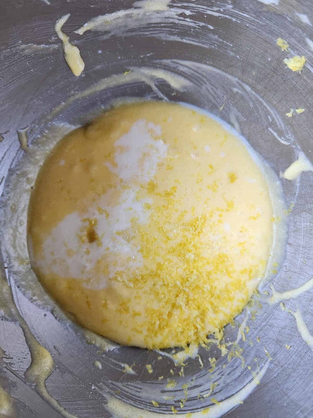 Wet batter in a mixing bowl.