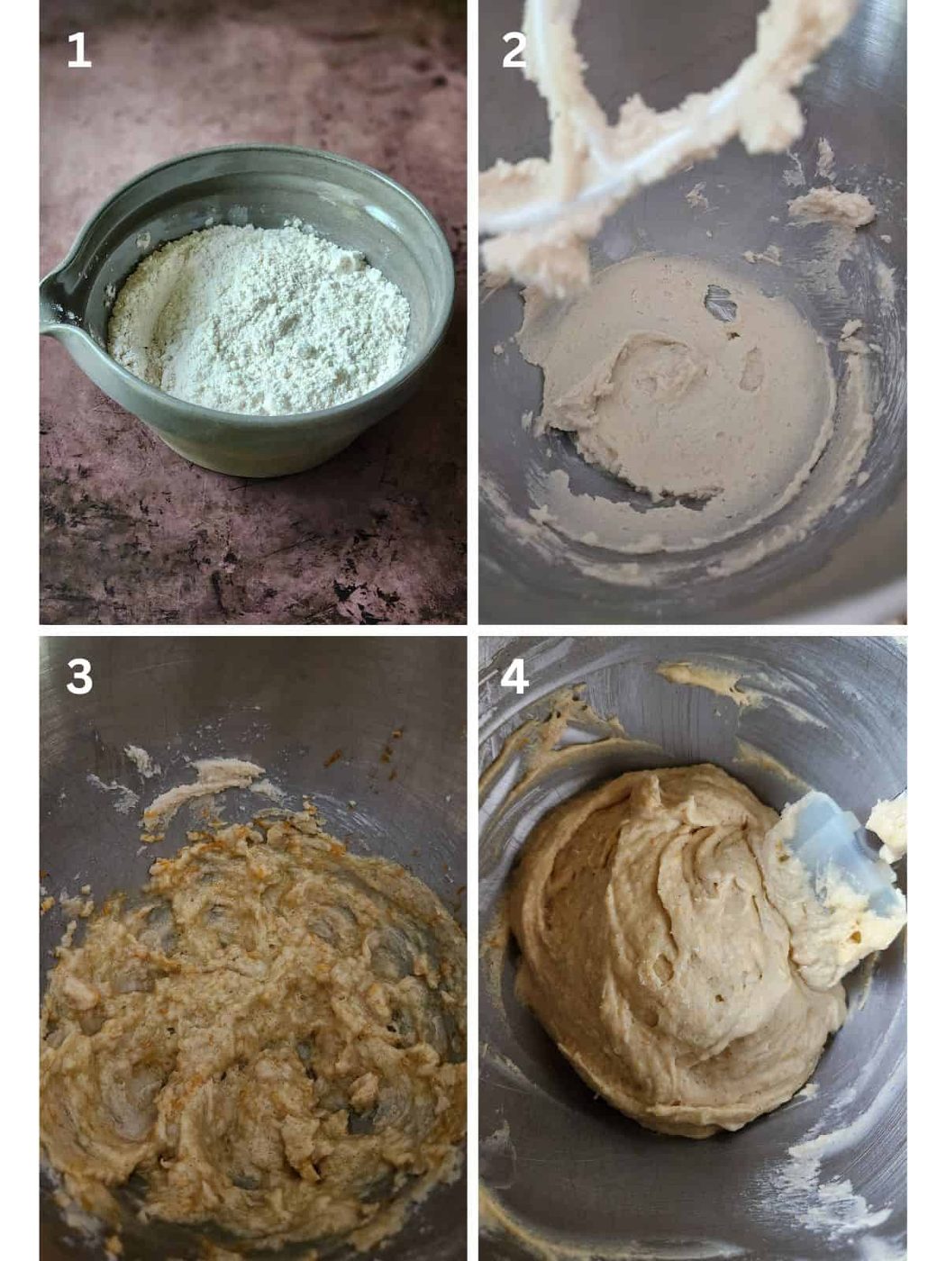 A four image collage showing instructions for mixing cake batter.