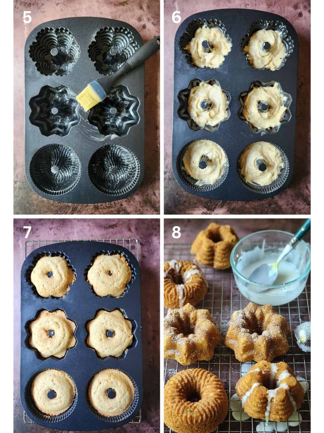 A four image collage showing how to fill mini bundt pans with batter.