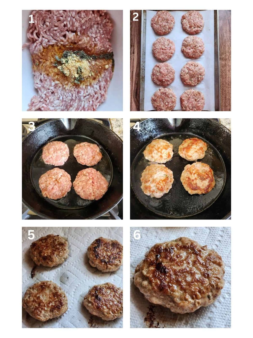 A collage of six steps showing how to mix and fry sausage patties.