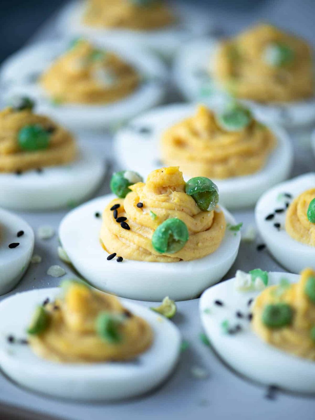 Close-up of miso deviled eggs.