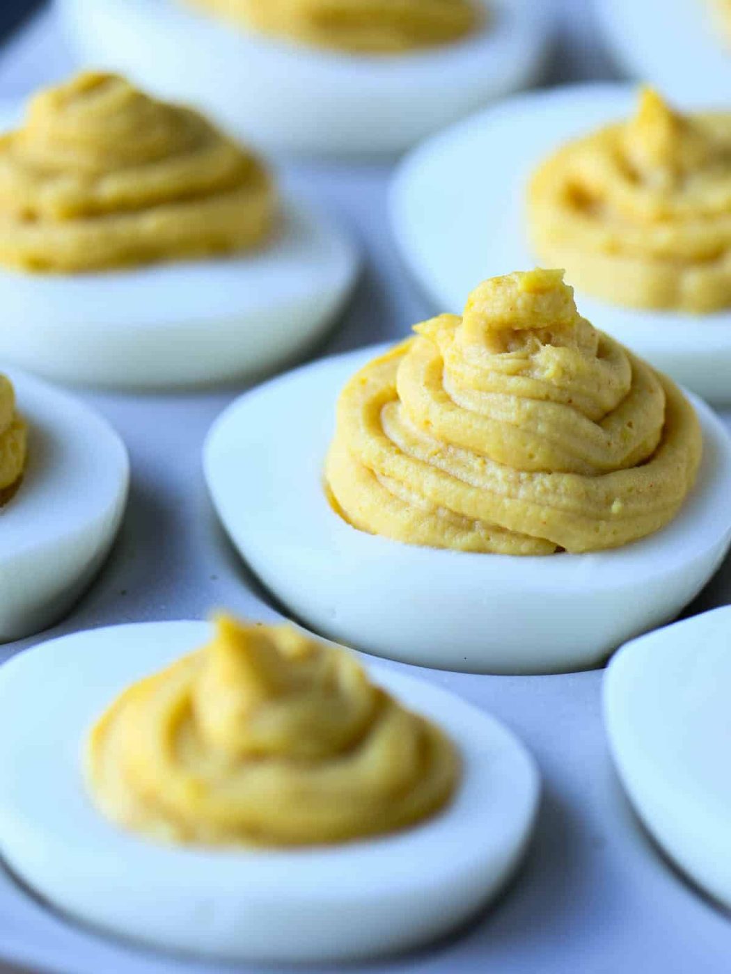 Close up of deviled eggs.