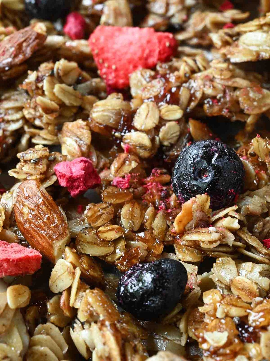 Close-up of mixed berry granola.