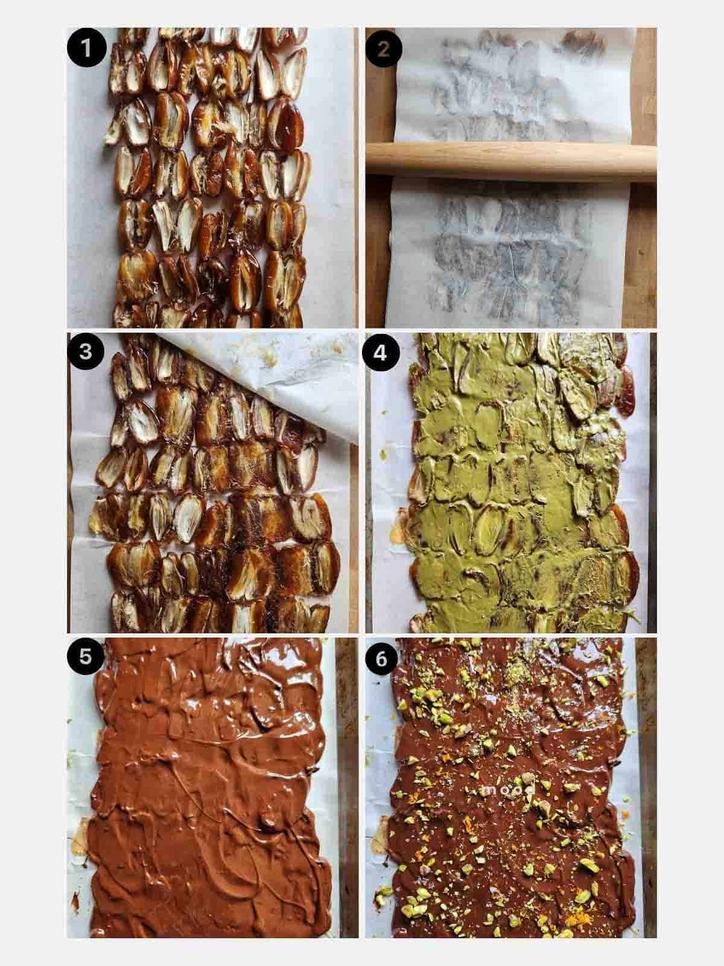 Six step process for pistachio date bark.