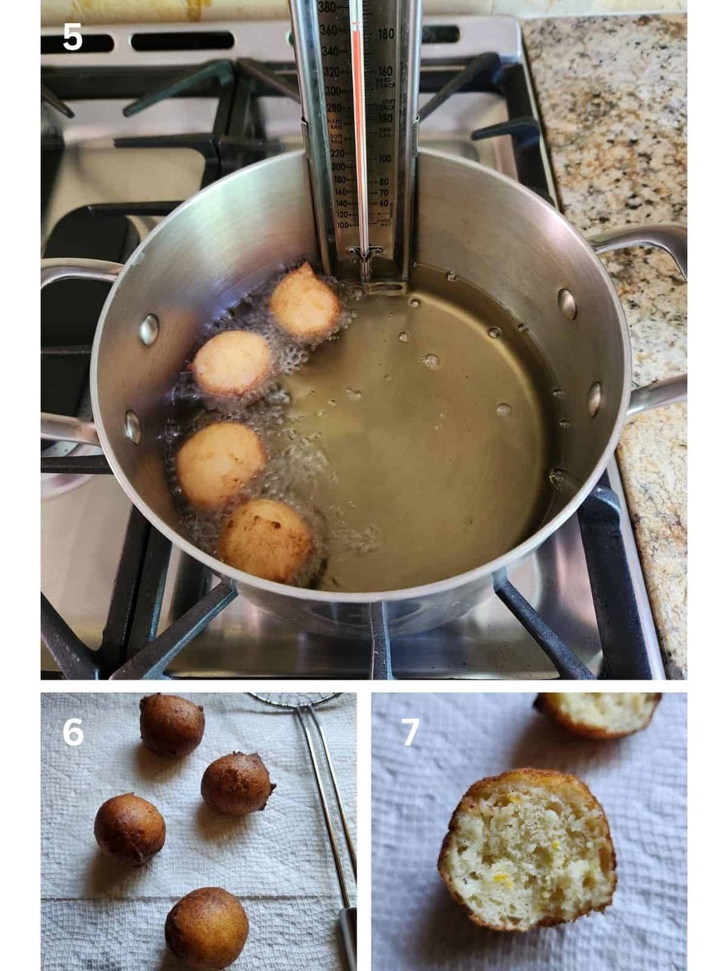 A collage of 3 steps showing how to fry orange ricotta zeppole.