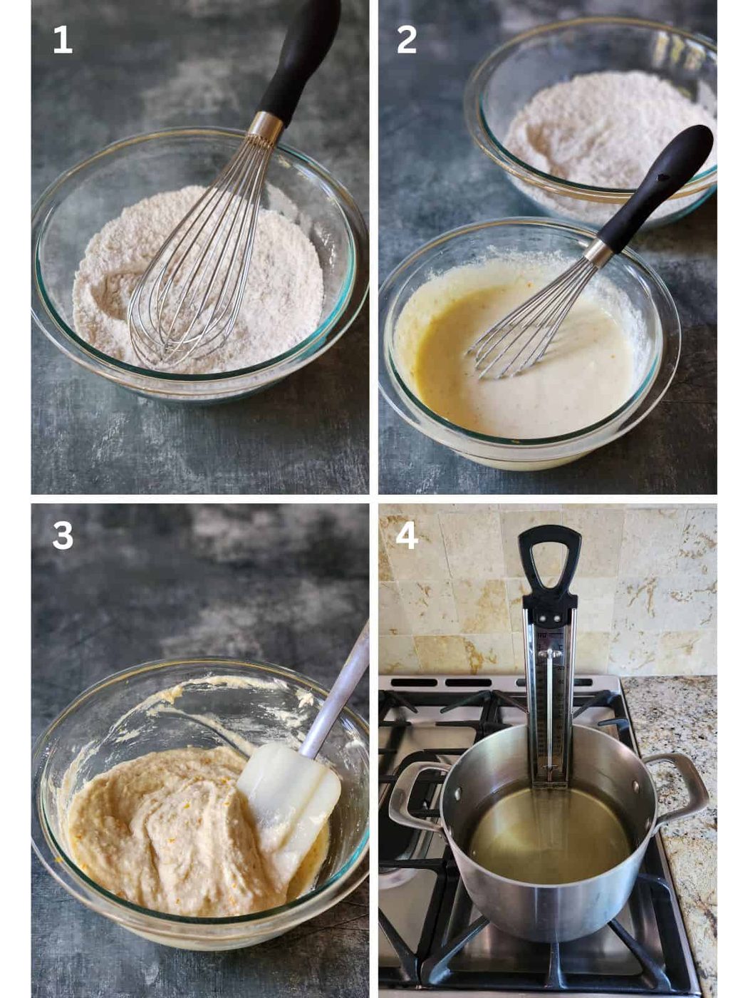 A collage of 4 steps to make fried ricotta donuts.