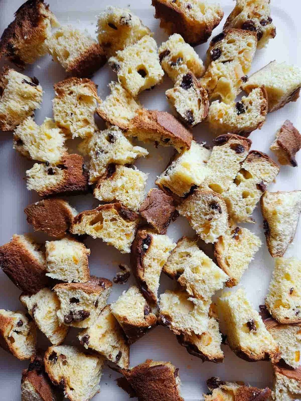 Overhead view of cut up panettone bread.