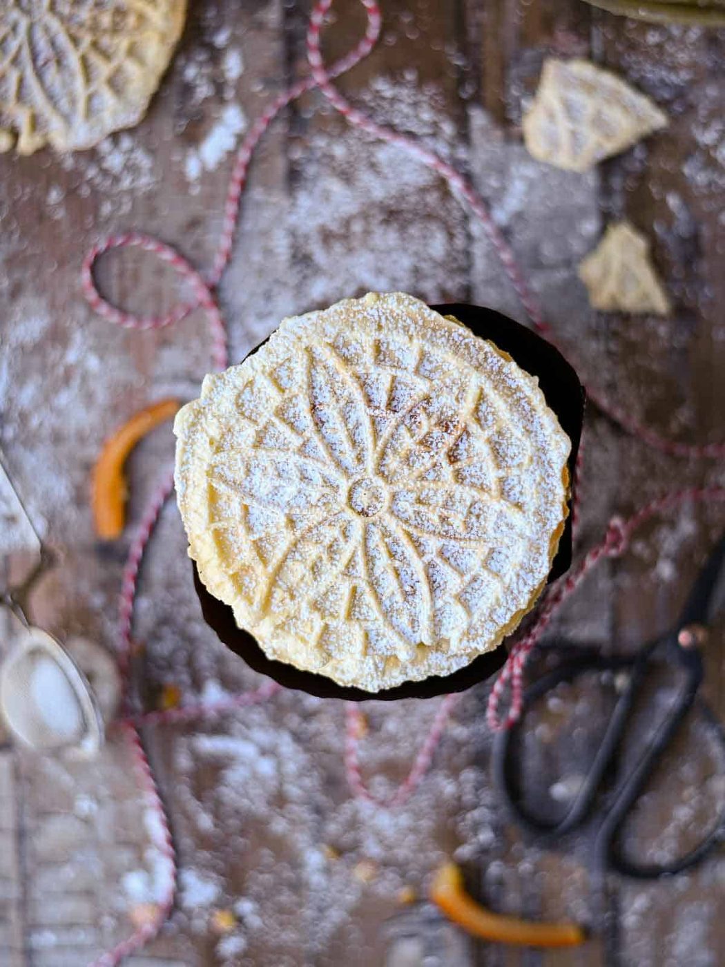 Overhead detailed view of panettone pizzelle.